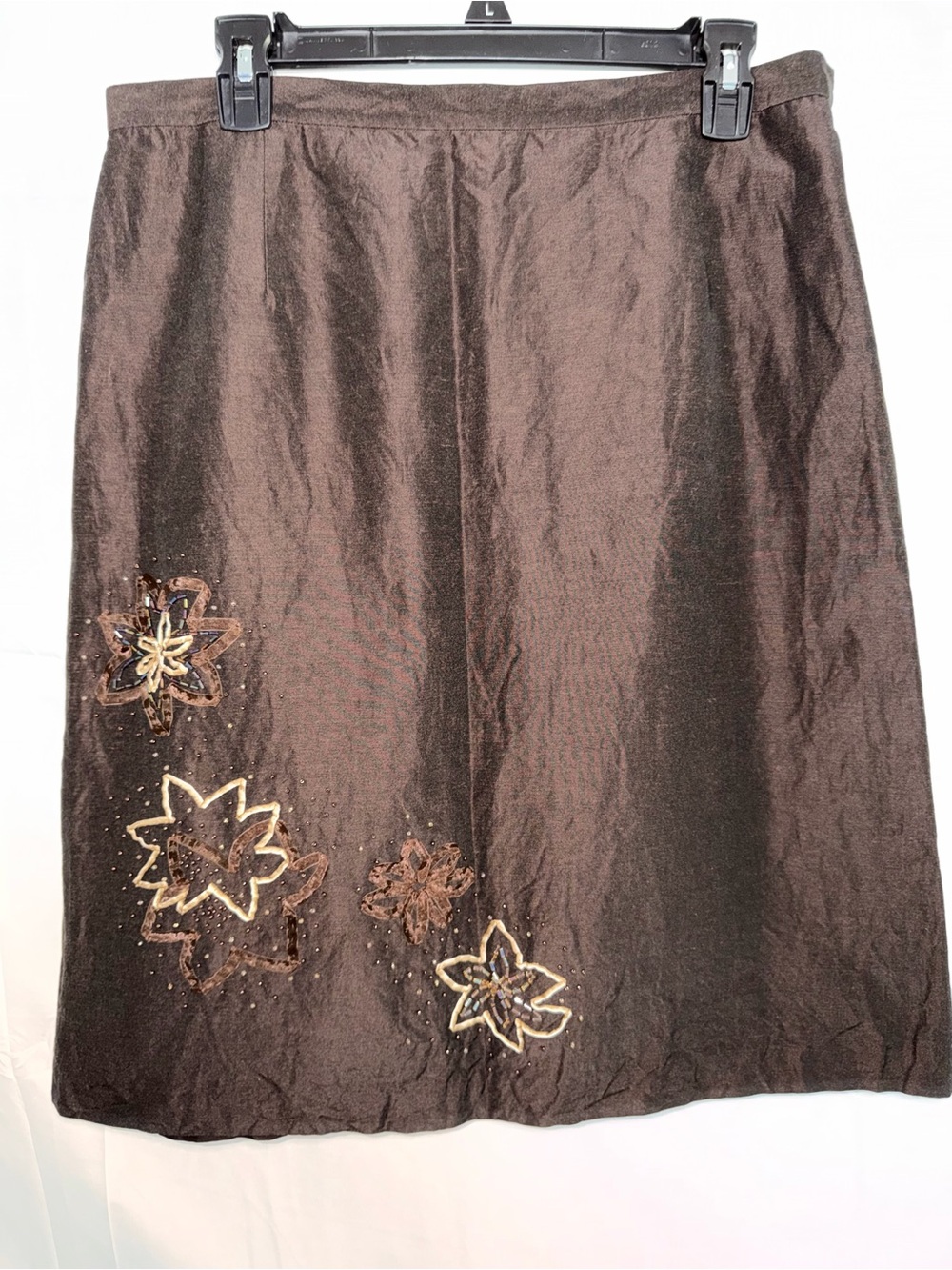 Alfani Dark Brown Floral Embellished Silk/linen blend A-Line Skirt